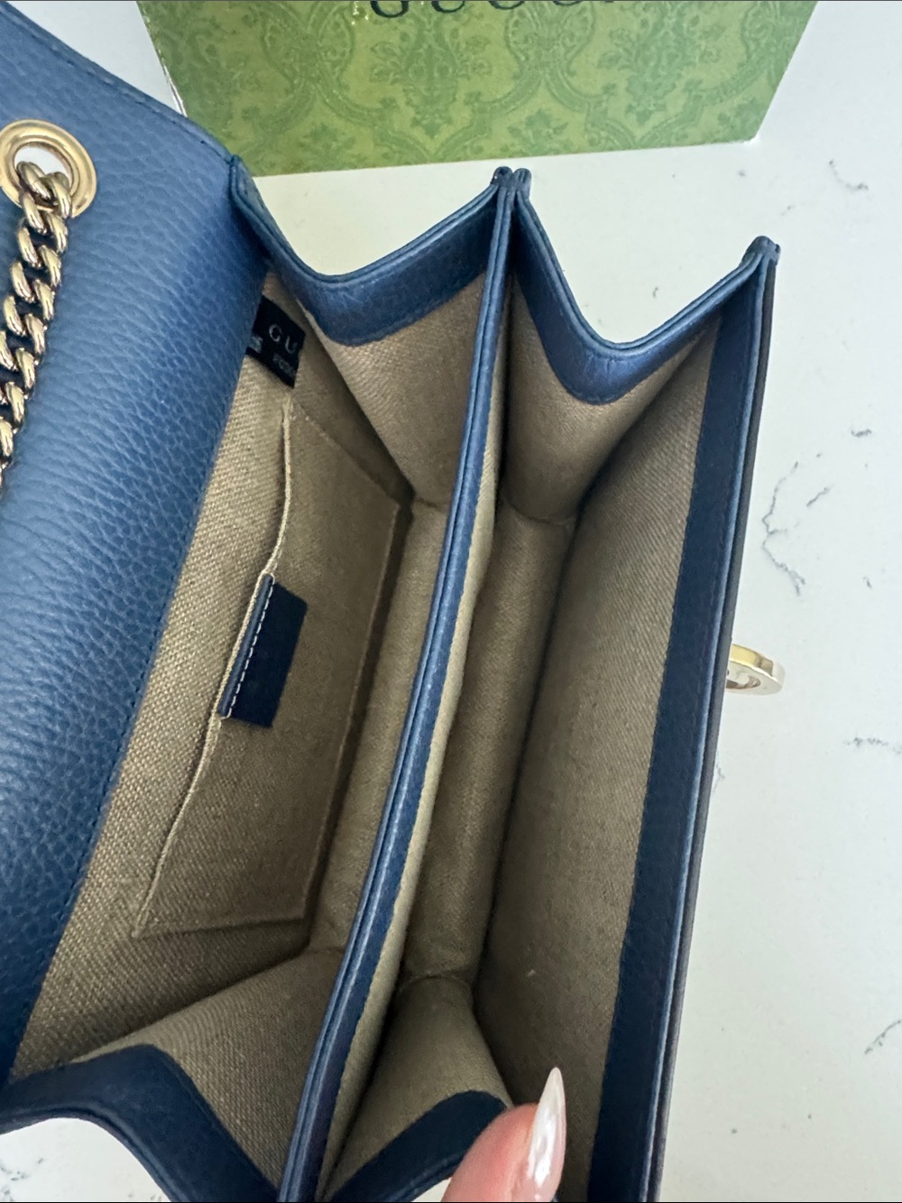 Gucci Navy Blue Pebbled Leather Crossbody with Gold GG Emblem - Picture 8 of 14